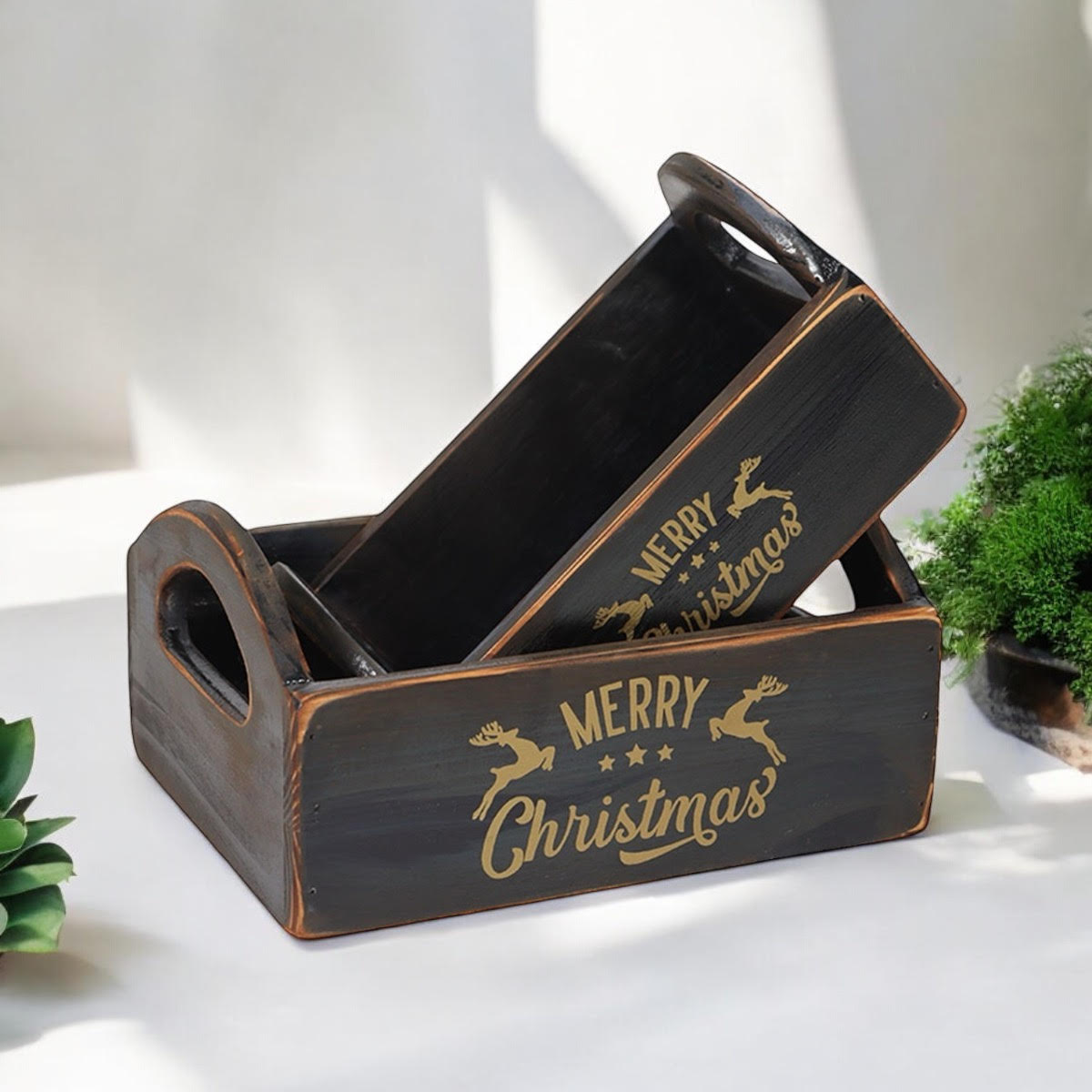 AcaciaHome Vintage 'Merry Xmas' Wooden Storage Crates, Set of 2 – Stackable with Handles, Black