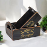 AcaciaHome Vintage 'Merry Xmas' Wooden Storage Crates, Set of 2 – Stackable with Handles, Black