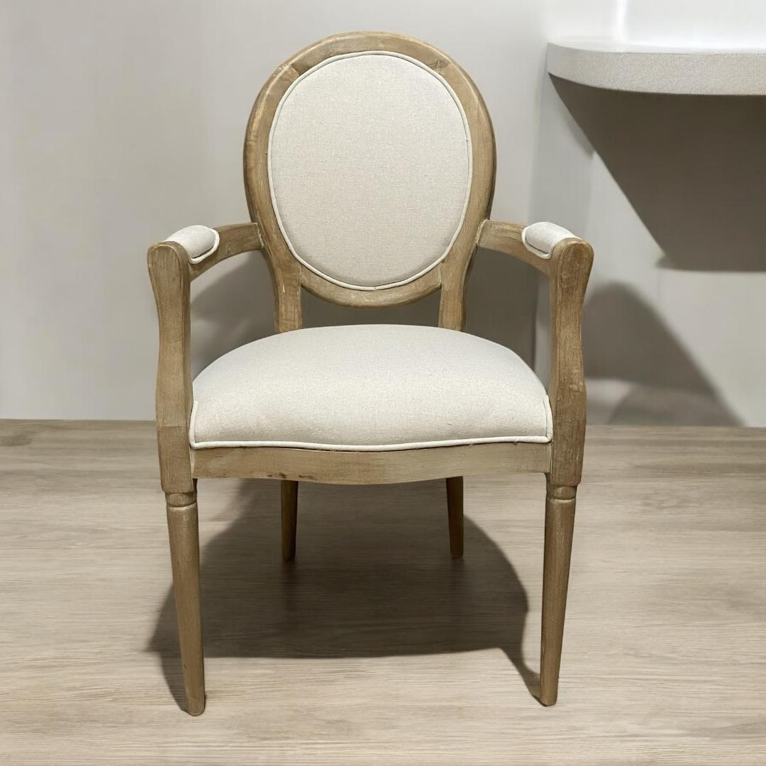 Louis Style 94cm High Back Linen Armchair with Oak Frame – Dining or Accent Chair, Cream