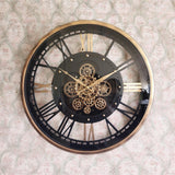AcaciaHome Round Wall Clock with Roman Numerals and Moving Gears – Industrial Quartz Clock, Black & Gold 60cm