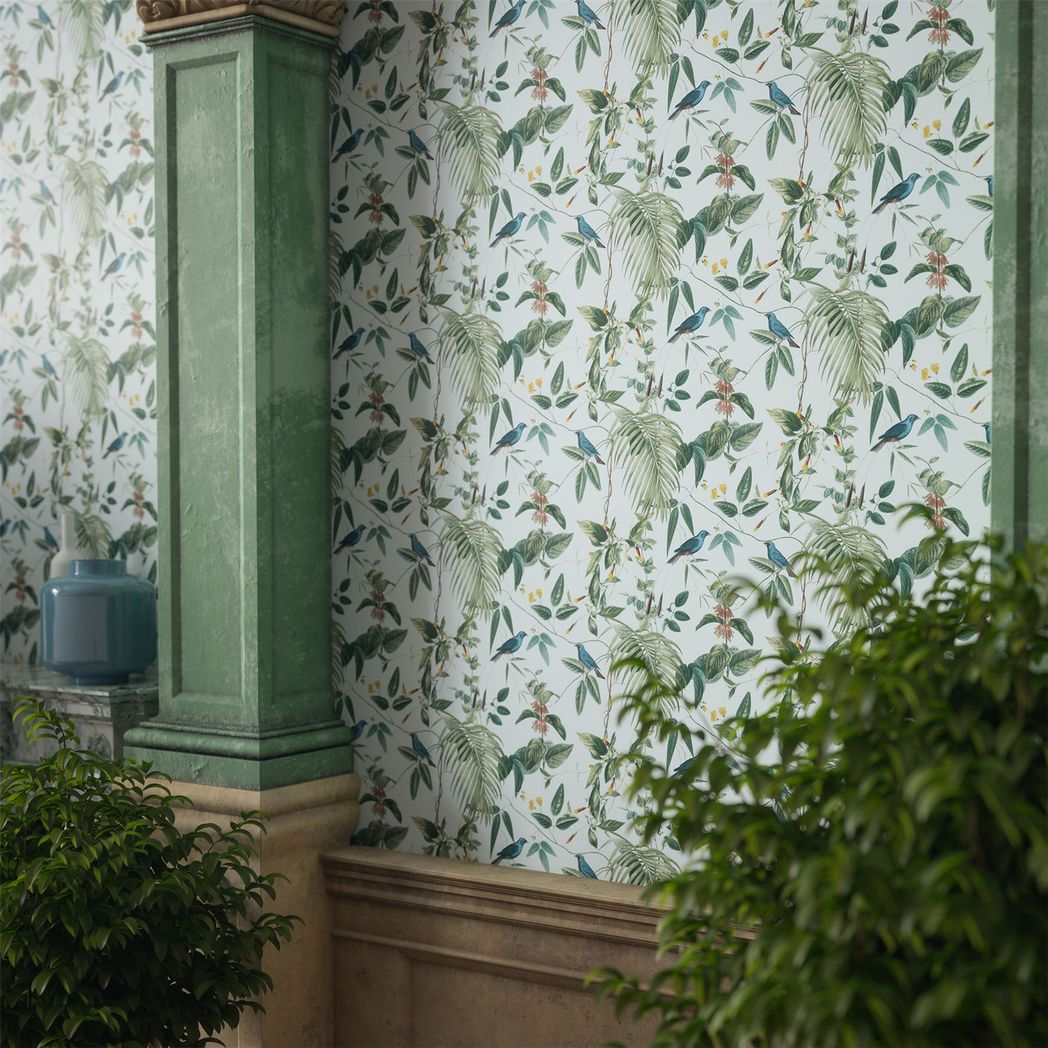 Arthouse Exotic Garden Wallpaper with Birds, Flowers and Foliage – Vintage Botanical Print, Blue