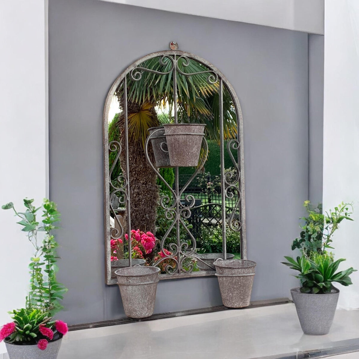 AcaciaHome Vintage Rusty Metal Wall Mirror with Triple Planter 3 Pots Holder – 70cm Arch Design
