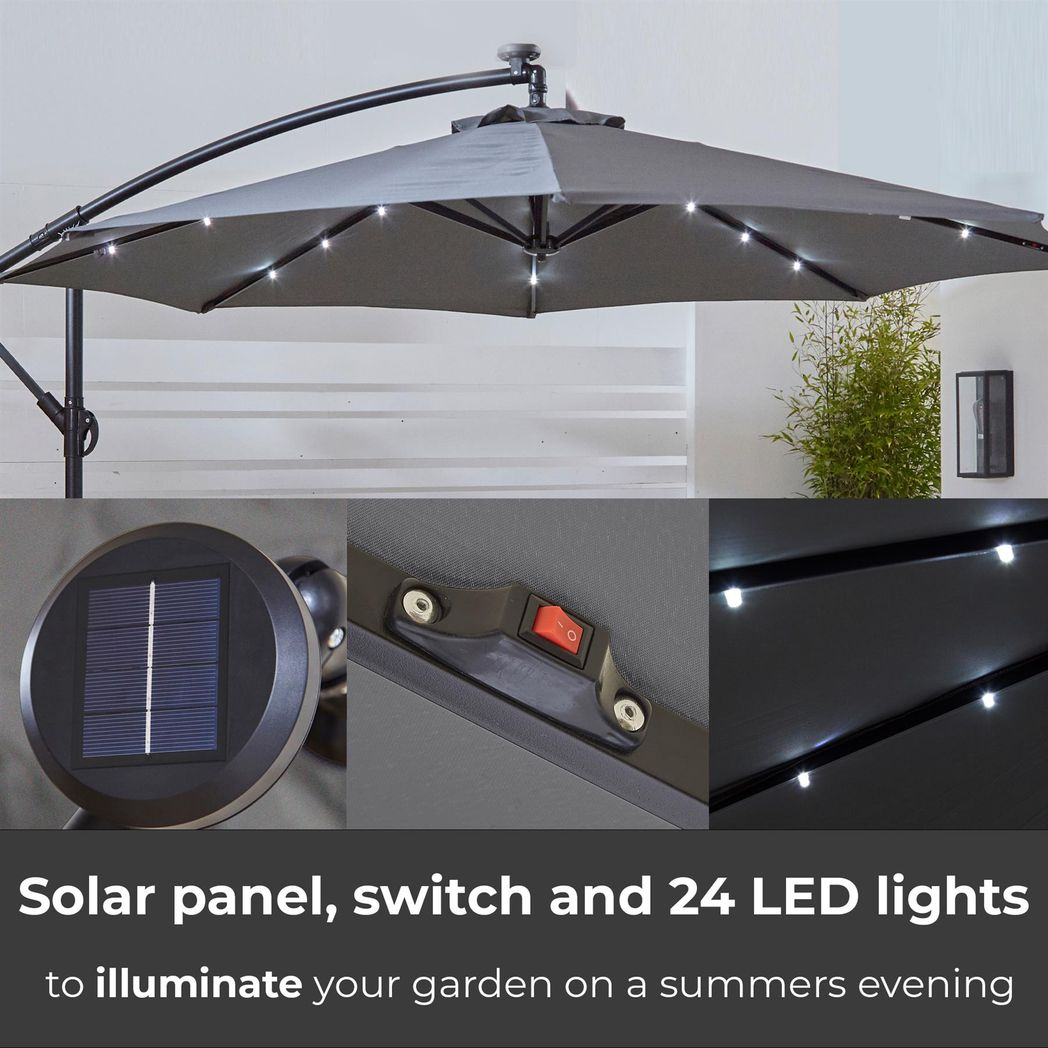 Neo 3m Grey Cantilever Parasol with Solar LED Lights, Crank Handle and Cross Base – Garden Umbrella