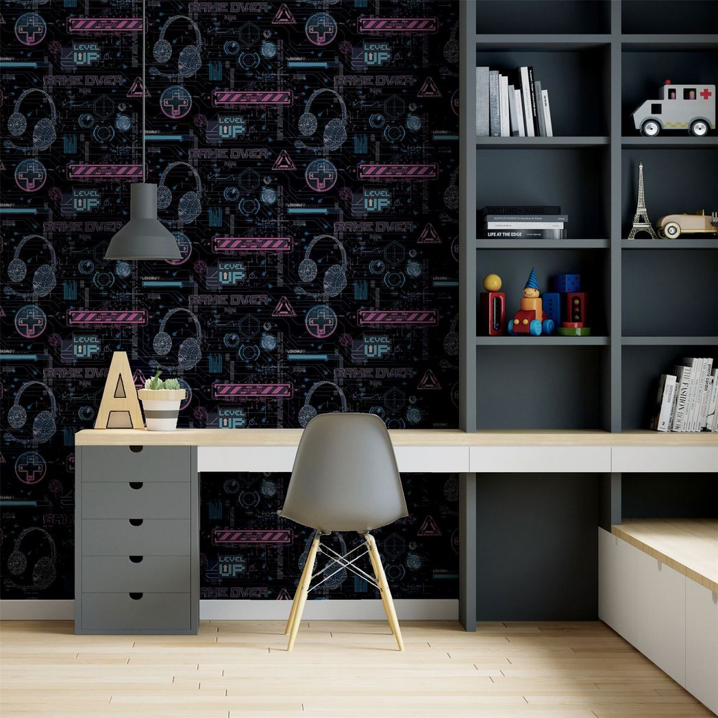 Arthouse Gamer Video Glitch Wallpaper with Neon Style Signs – Gaming Room, Play Room or Den, Pink