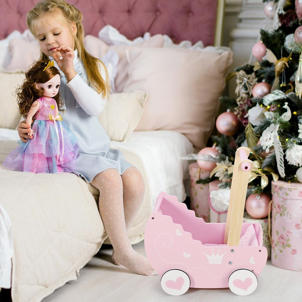 SOKA Princess Doll's Pram with Bedding – Pink Pretend Play Toy Pram for Toddlers, Dolls Not Included