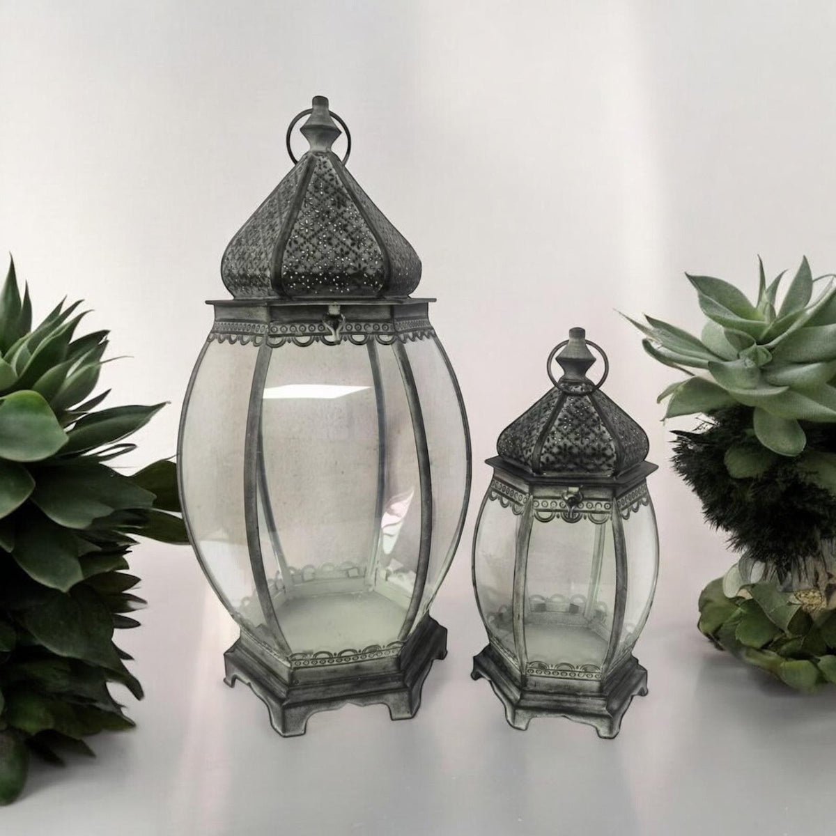 MSL Set of 2 Green Metal Tealight Lanterns with Glass Panels – Indoor & Outdoor Candle Holders, 44cm & 33cm