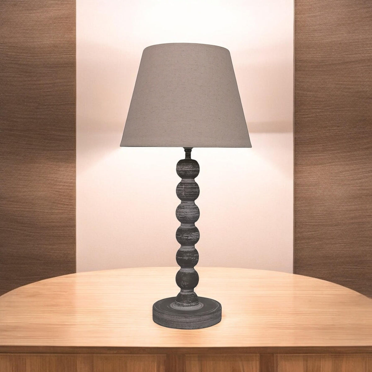 AcaciaHome Tall Wooden Washed Table Lamp, 42cm – Taupe Linen Empire Shade, Shabby Chic Style, Dark Grey