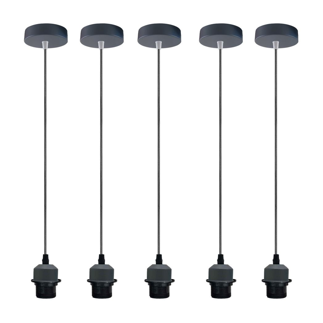 Industrial Grey Pendant Light 5 Pack with E27 Holder & 95cm PVC Cable – Retro Lampshade-Ready Kit