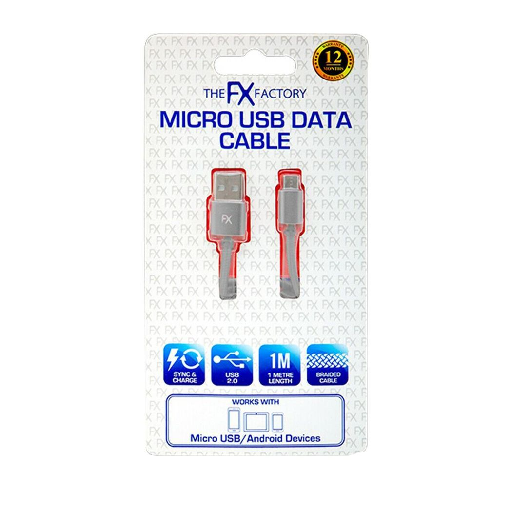 FX Powabud Braided Micro USB Data Cable, 1m – Fast Sync and Charge Lead, Space Grey