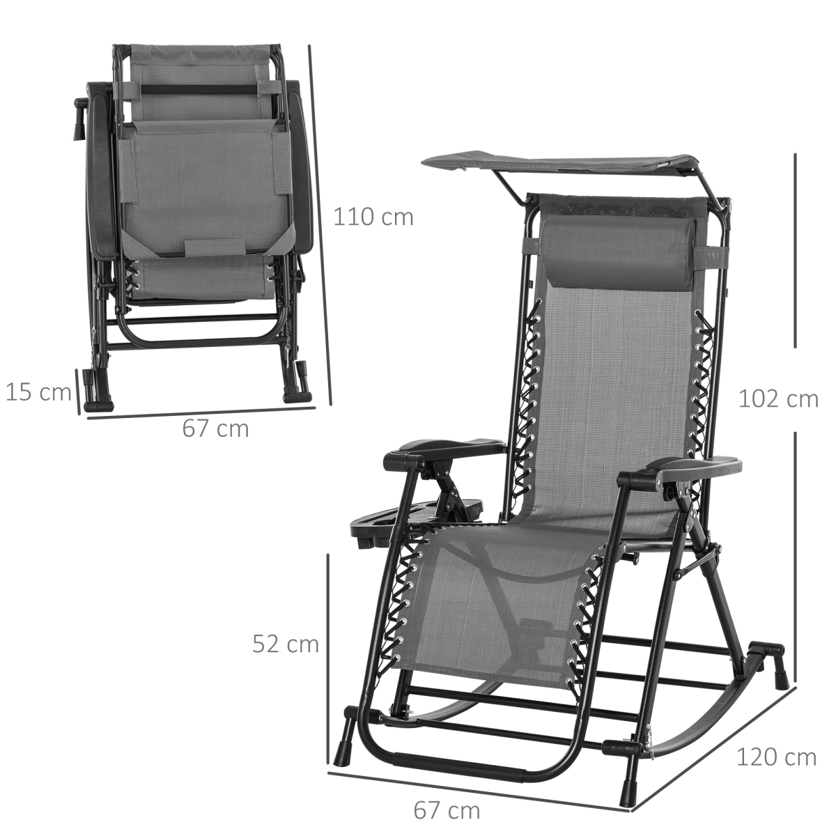 Folding Zero-Gravity Recliner Rocker with Canopy, Padded Headrest and Side Tray – Outdoor Lounge Chair, Grey