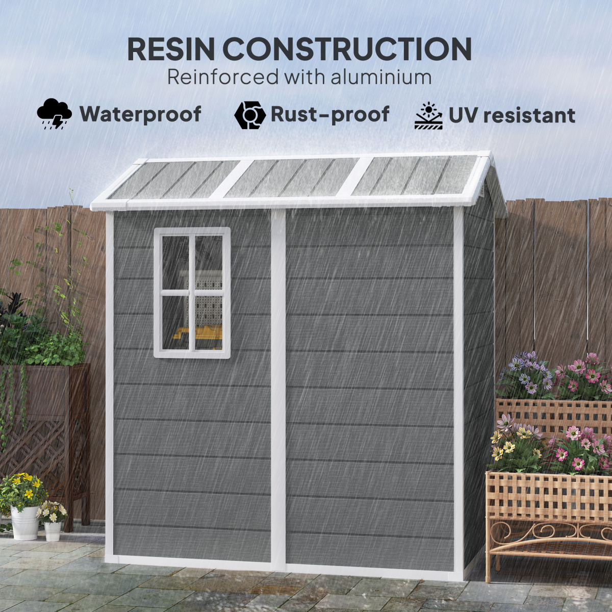 Outsunny Grey Weatherproof Tool Shed with Lock, Floor Panel & Vents – Garden Storage, 131 x 186 x 198cm