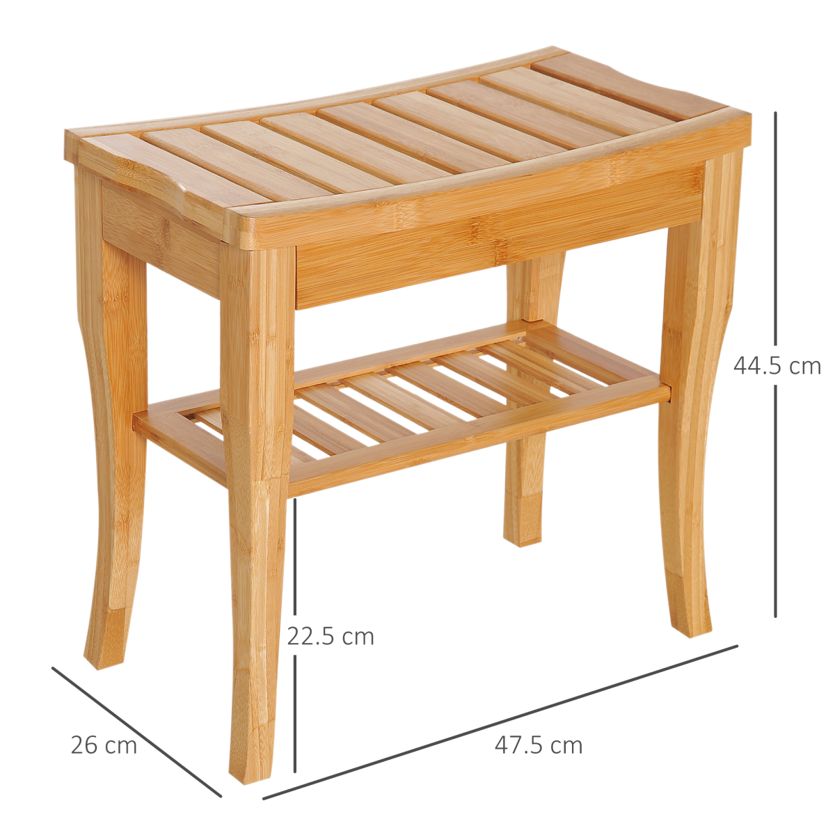 2-Tier Slatted Shower Bench with Storage Shelf – Compact Bath Seat with Round Edges and 100kg Capacity