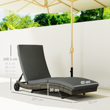 Outsunny Rattan Sun Lounger with 5-Level Reclining Back & Wheels – Outdoor Garden Recliner, Dark Grey