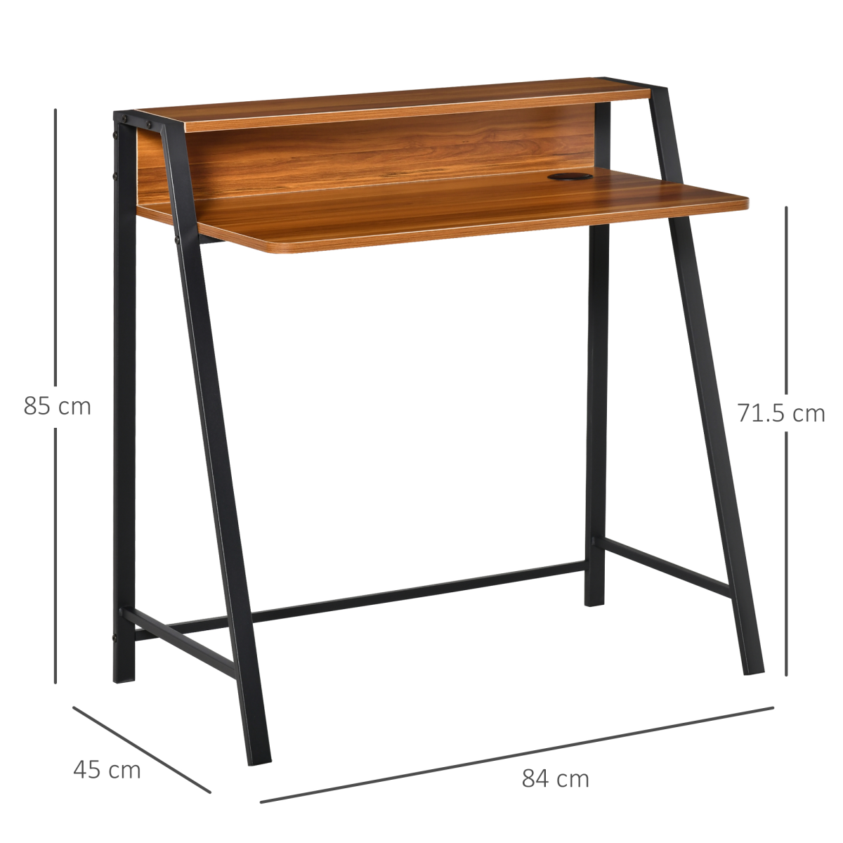 HOMCOM Computer Table with Two-Tier Worktop and Steel Frame – Home Study Desk, 84cm, Walnut Colour