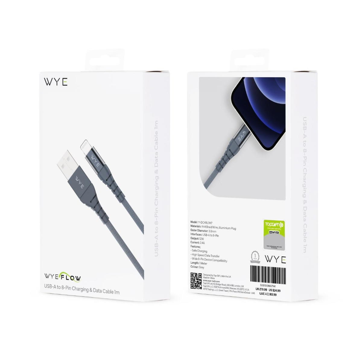 WYEFLOW USB-A to 8-Pin Fast Charging & Data Cable, 1m – Braided Aluminium Plug Cable, Grey