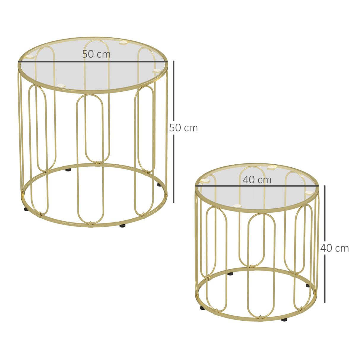 HOMCOM Coffee Table Set of 2 with Tempered Glass Tops – Nesting Tables with Geometric Metal Frame, Gold Tone