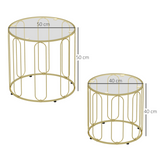 HOMCOM Coffee Table Set of 2 with Tempered Glass Tops – Nesting Tables with Geometric Metal Frame, Gold Tone