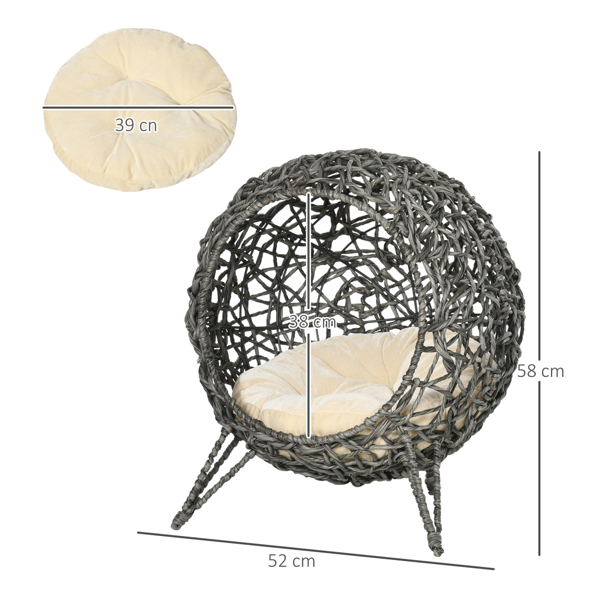 PawHut Elevated Rattan Cat House with Cushion – Kitten Basket Pet Bed with Door, Silver-Tone and Grey