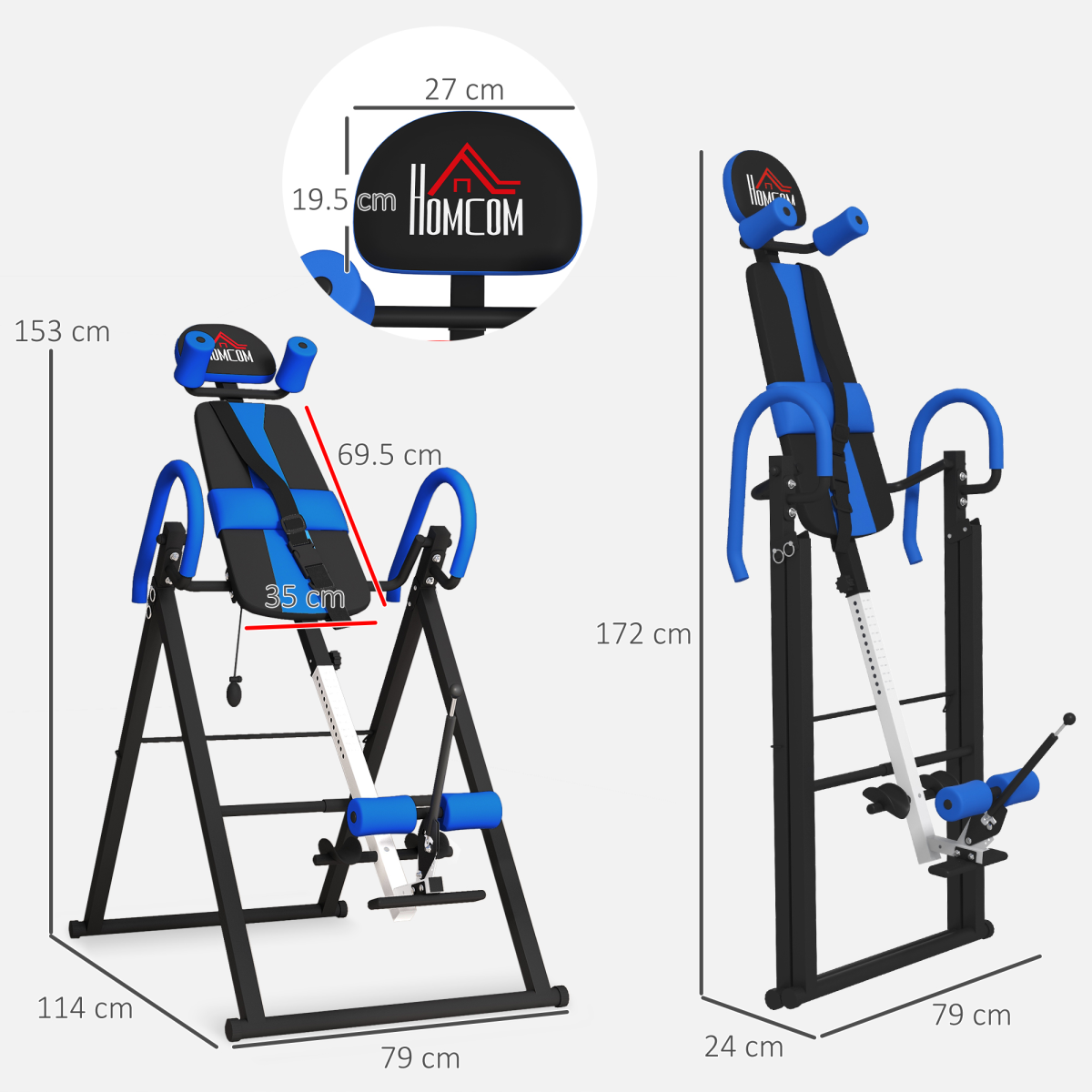 HOMCOM Adjustable Gravity Inversion Table with Safety Belt – Foldable Steel Frame Back Stretcher for Home, Blue