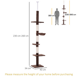 PawHut Floor to Ceiling Cat Tree with 5 Tiers & Scratching Post – Adjustable 230-260cm Kitty Tower, Brown