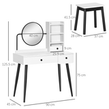 Dressing Table Set with 3 Drawers, Side Shelves, Mirror & Matching Stool – Bedroom Vanity, White