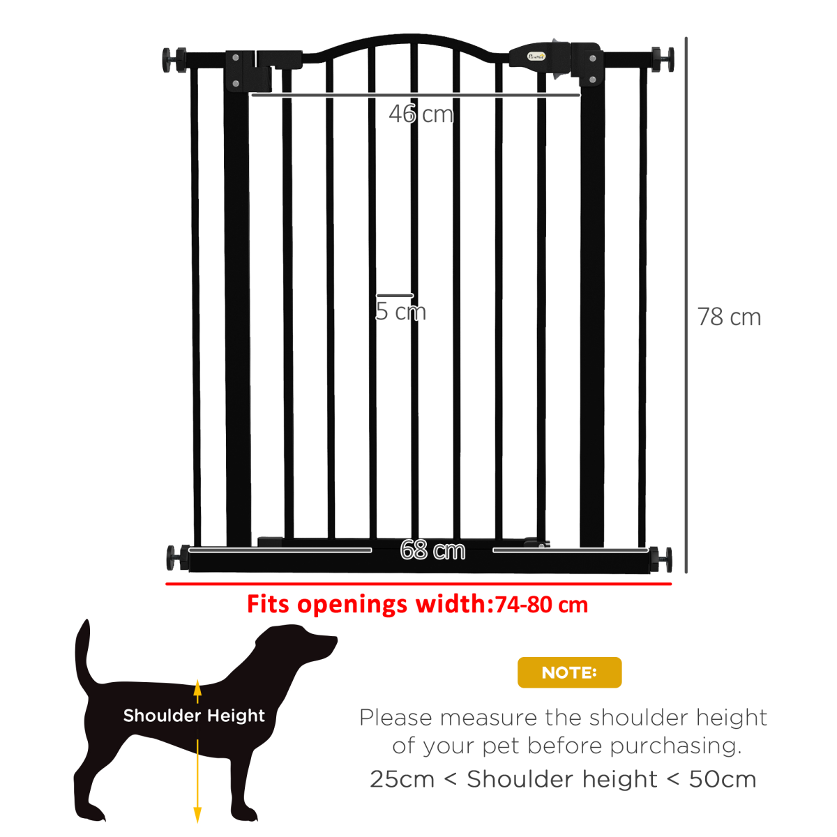 PawHut Adjustable Metal Pet Gate 74-80cm with Auto-Close Door and Double Lock – Safety Barrier, Black