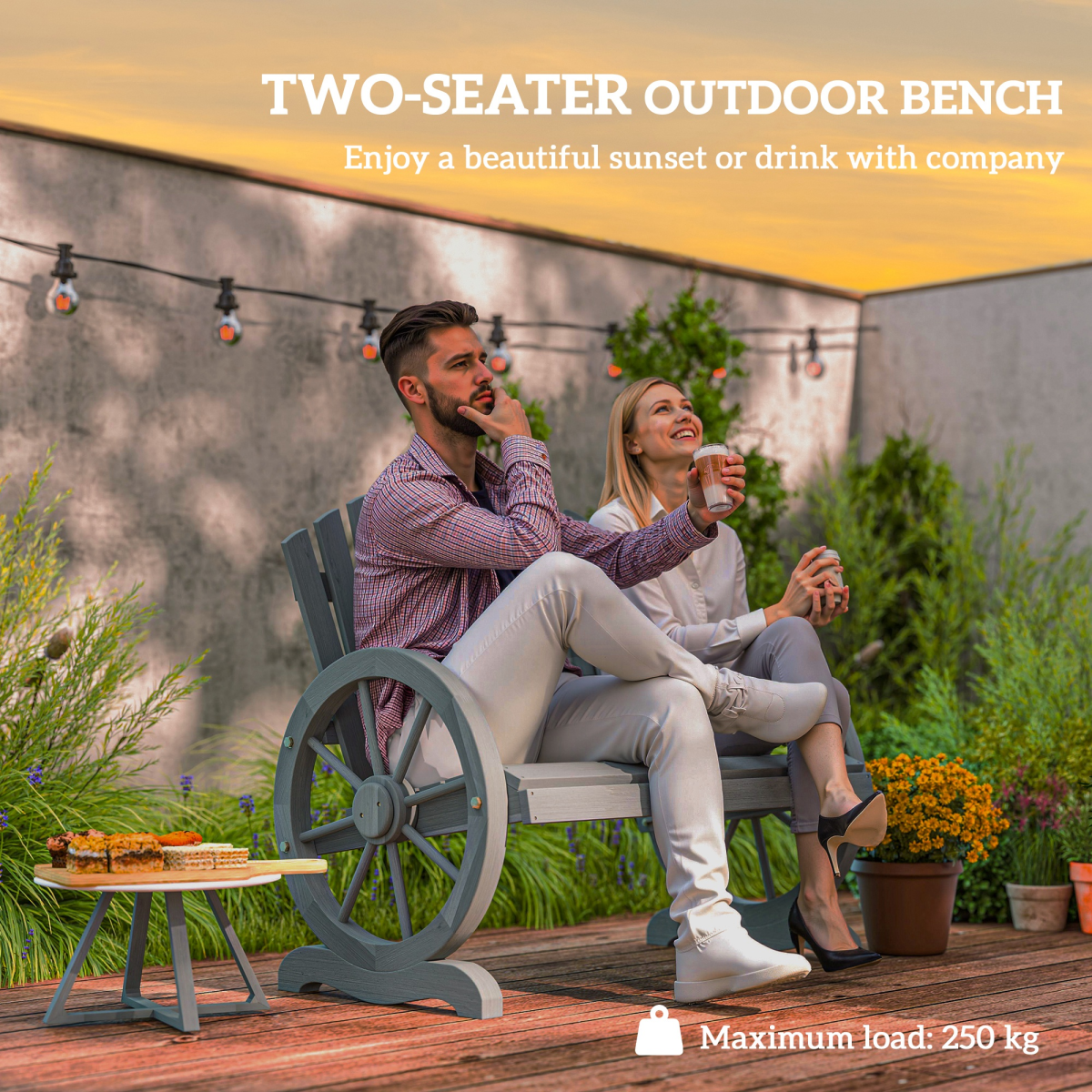 Outsunny Grey Fir Wood Outdoor Chair with Wheel-Shaped Armrest & Ergonomic Back Support – 250kg Capacity Garden Seating