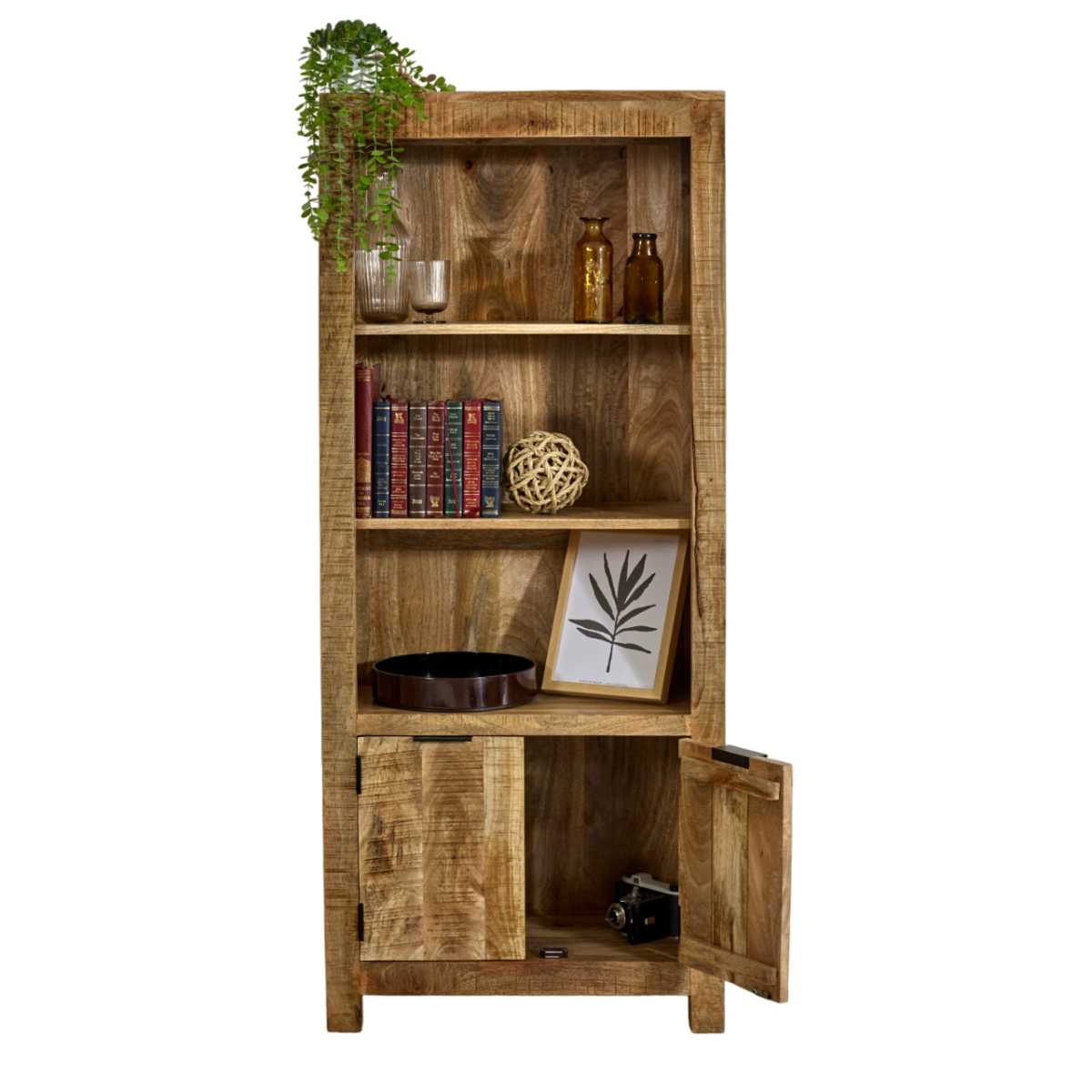 Surrey Solid Mango Wood Bookcase with 2 Doors & 3 Shelves – Living Room & Study Storage