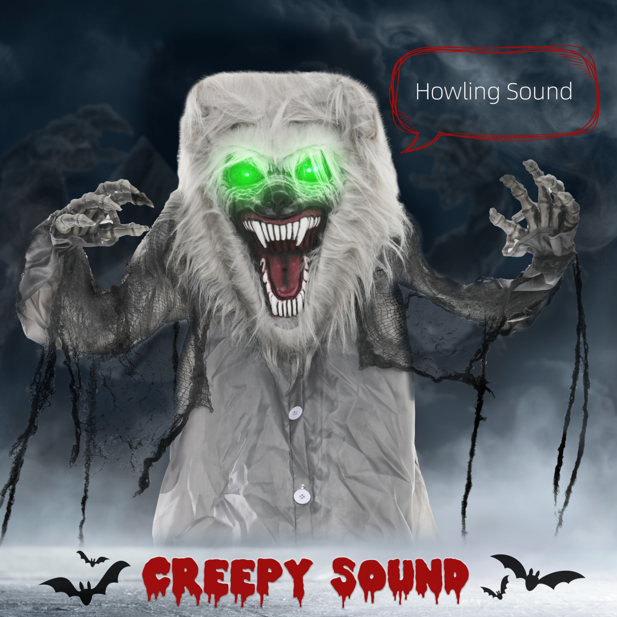 HOMCOM Halloween Animatronic Skeleton Werewolf Prop with Pop-Up Head & Light-Up Eyes – Indoor Outdoor Decor
