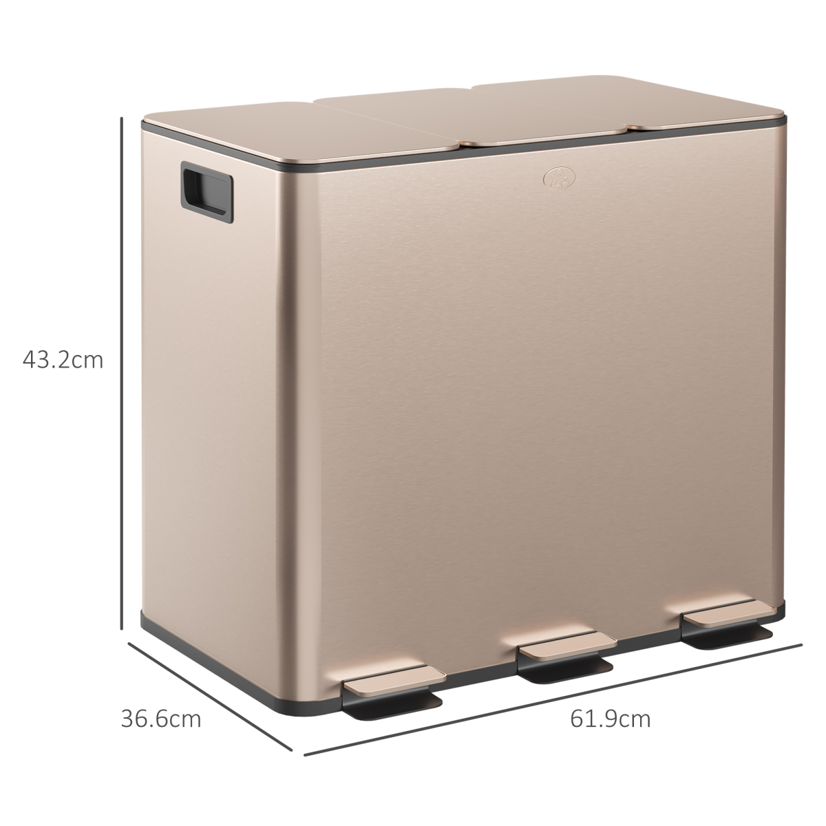 HOMCOM 3 x 15L Triple Recycling Pedal Bin with Lids – Kitchen Waste Sorting, Gold Tone