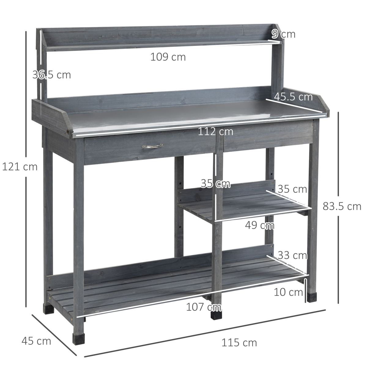 Outsunny Garden Potting Workstation Bench with Galvanised Metal Tabletop, Drawer and Shelves – Solid Wood