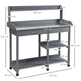 Outsunny Garden Potting Workstation Bench with Galvanised Metal Tabletop, Drawer and Shelves – Solid Wood