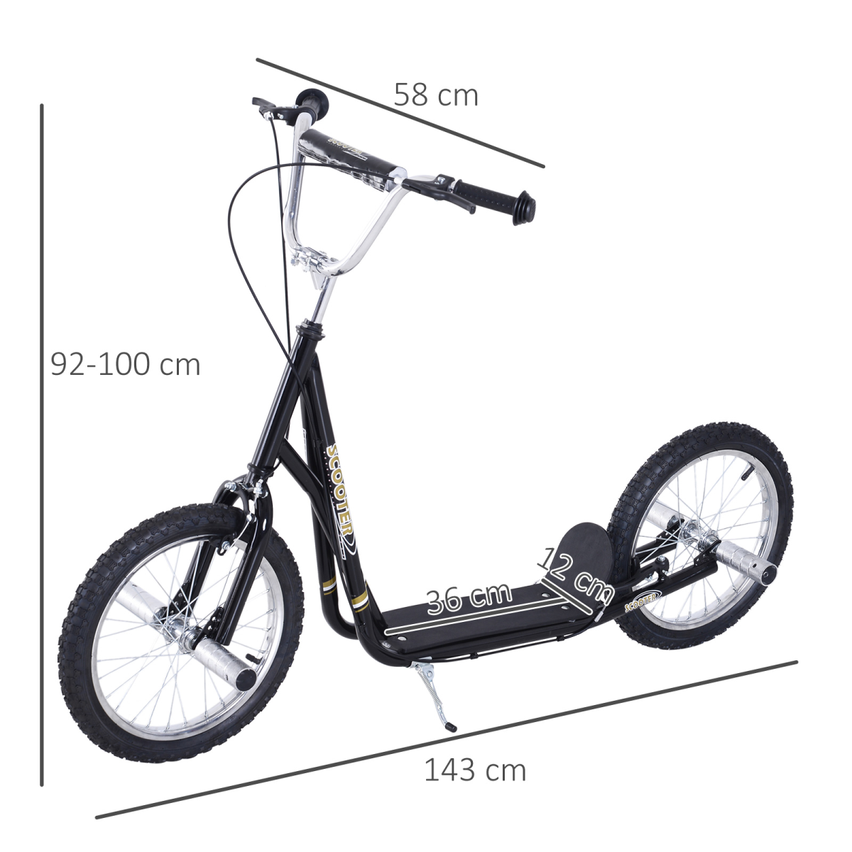 HOMCOM Kids Stunt Scooter with 16" Wheels and Adjustable Height – Front and Rear Brakes, Black