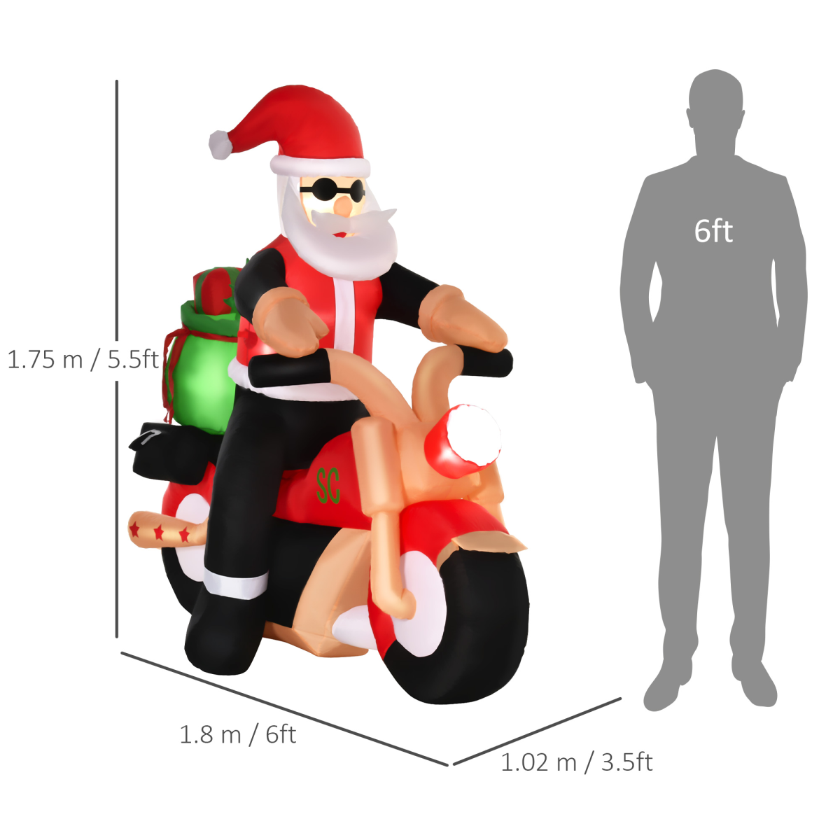 HOMCOM 5.5ft Light-Up Inflatable Santa Claus Riding a Motorbike with Gifts – IP44 Christmas Lawn Decoration