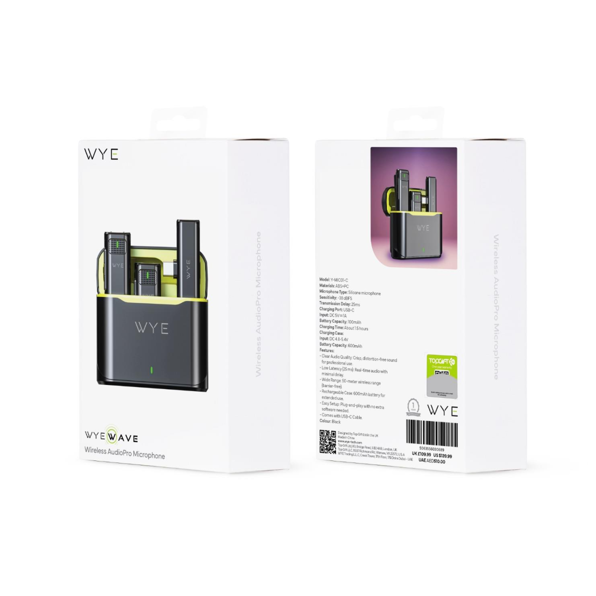 Wye Wireless AudioPro Clip-On Microphone Pair with Charging Case, 50m Range & Low 25ms Latency – Black