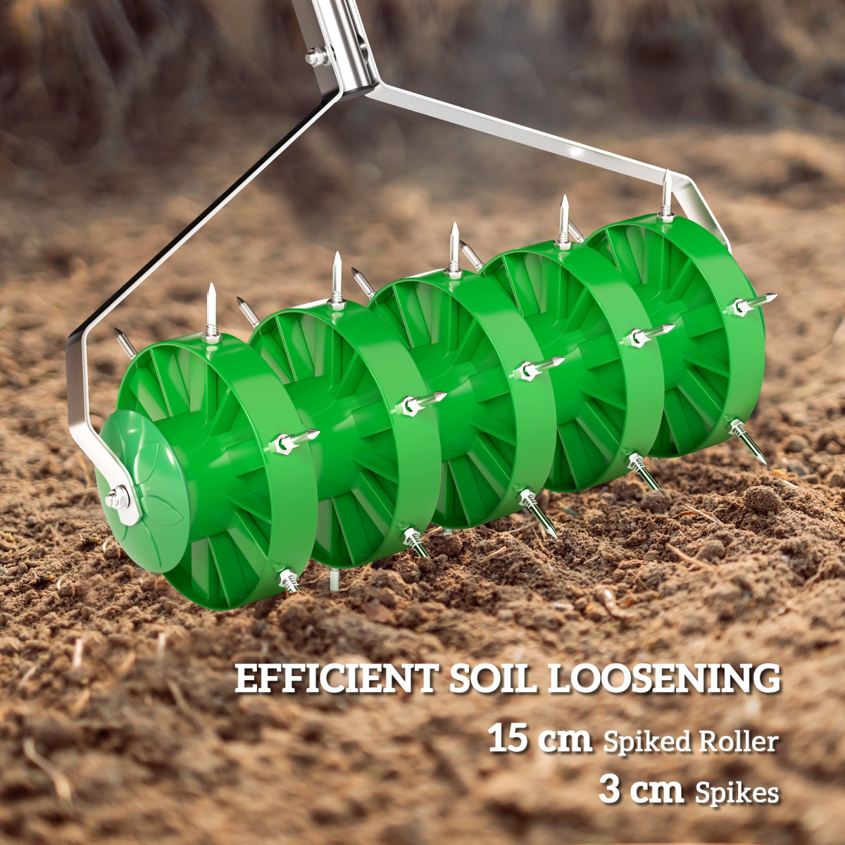 Rolling Lawn Aerator with 30 Spikes and 100 cm Handle – Spiked Roller for Healthier Soil, Dark Green