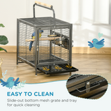 Wrought Iron Bird Cage with 4 Access Doors, Wooden Perch & Removable Tray – Portable Metal Cage with 2 Stainless Steel Bowls, Black