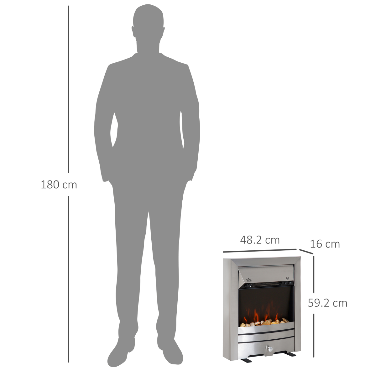 HOMCOM 2KW LED Flame Electric Fireplace with Pebble Burning Effect – Freestanding, Stainless Steel