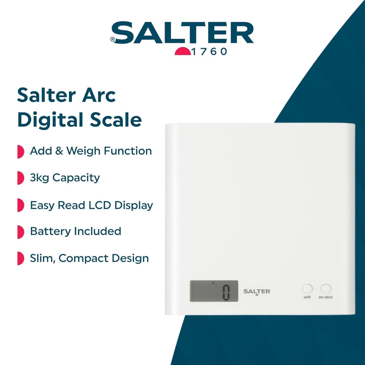 Salter Arc Electronic Kitchen Scale 3kg with Add & Weigh Function – Slim LCD Food Scale, White