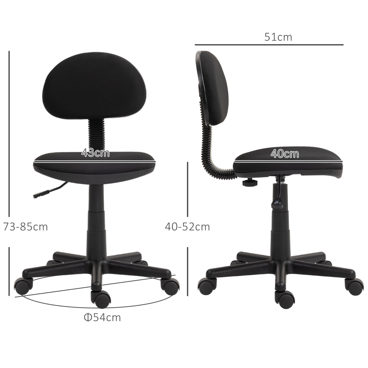 HOMCOM Armless Office Chair with Adjustable Height and 360° Swivel Wheels – Padded Desk Chair, Black