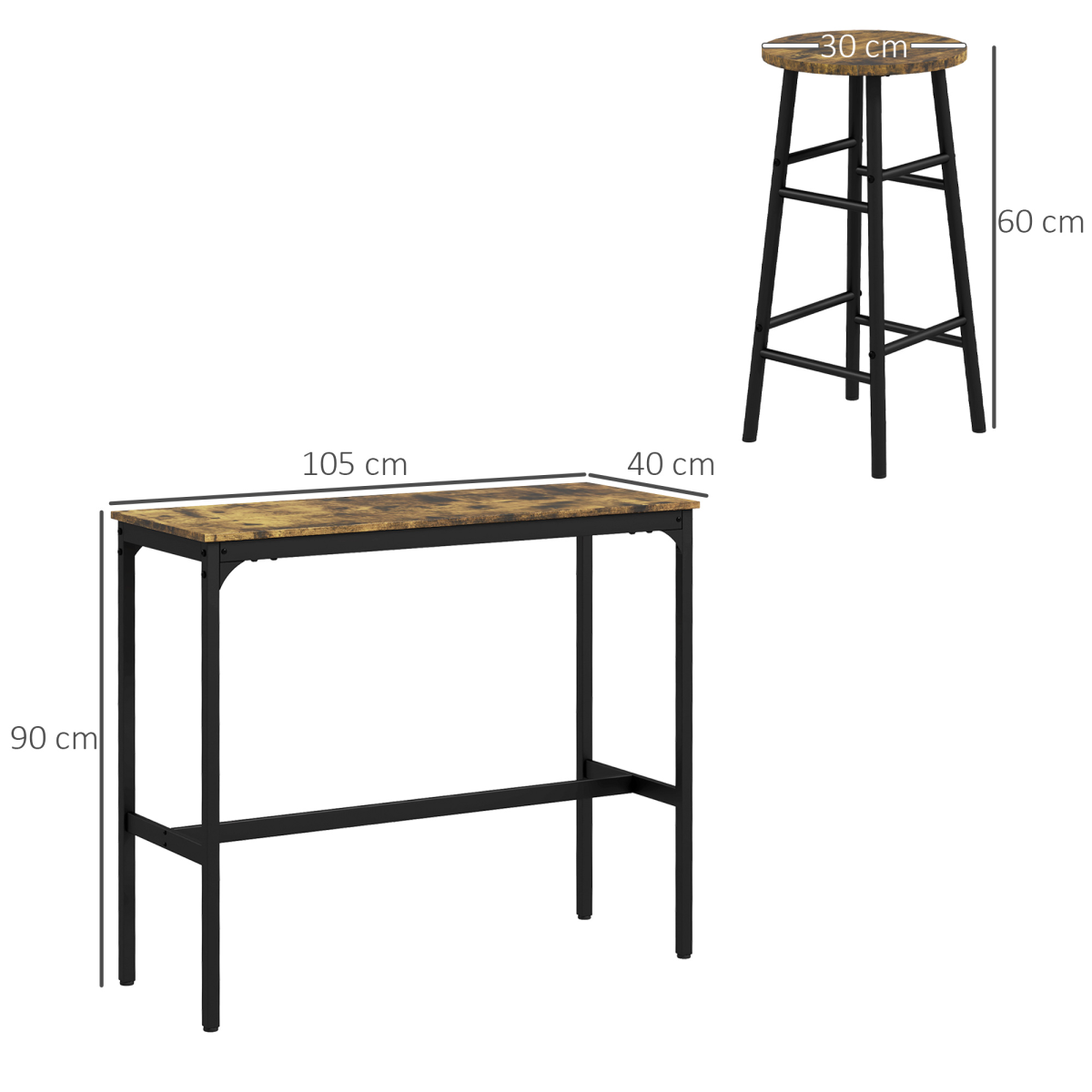 HOMCOM 5 Piece Industrial Bar Table & Stools Set with Footrests – Breakfast Bar Dining Set, Rustic Brown
