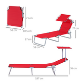 Outsunny Folding Sun Lounger with Sunshade and 4-Level Adjustable Back – Portable Recliner for Camping, Red