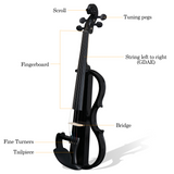 Full Size 4/4 Electric Silent Violin with Case, Bow, Rosin and Headphones – 3-Band EQ Practice Violin, Black