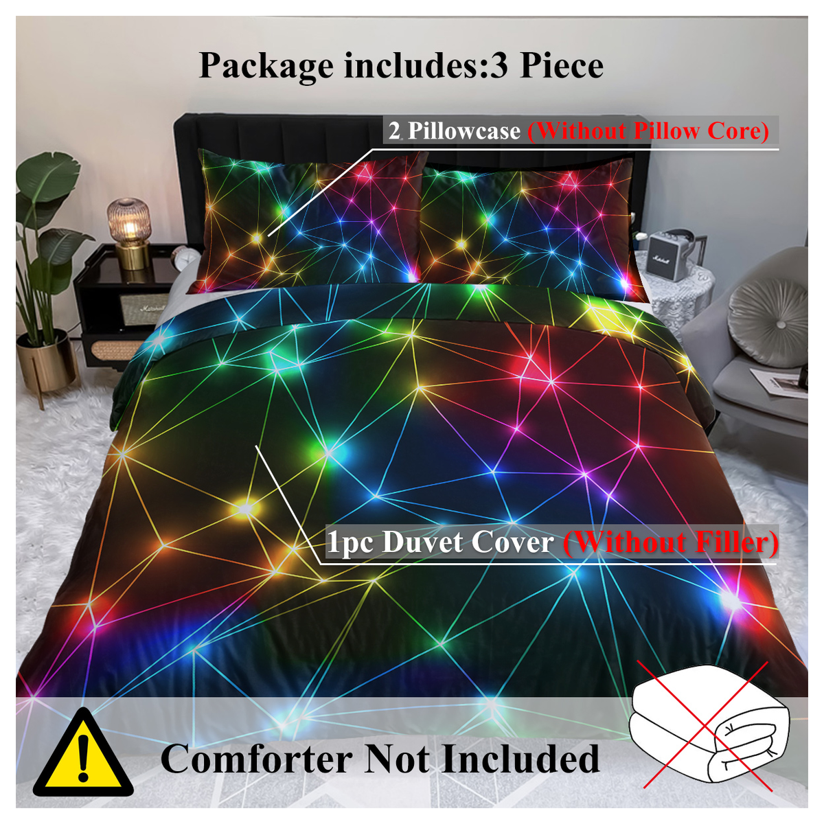 Retro Neon Triangle Duvet Cover Set with 2 Pillow Shams – Rainbow Laser Pattern Single Bedding