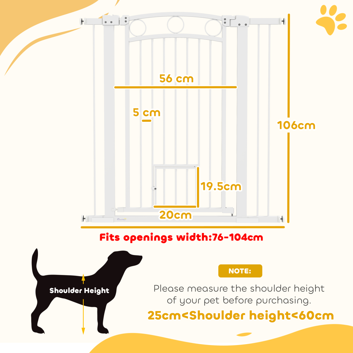 PawHut Stair Gate with Cat Door, Adjustable 76–104cm Width, 106cm Tall – Pet Safety Gate