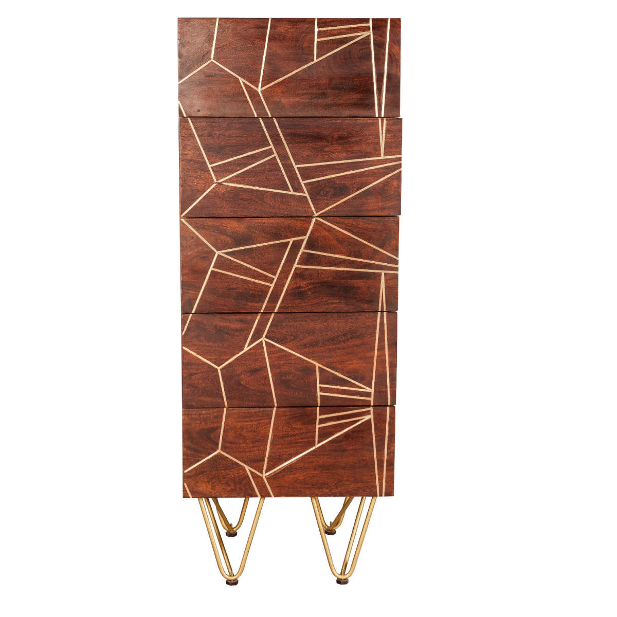 Indian Hub Dark Gold Tall Chest of Drawers, Solid Wood with Metal Inlay