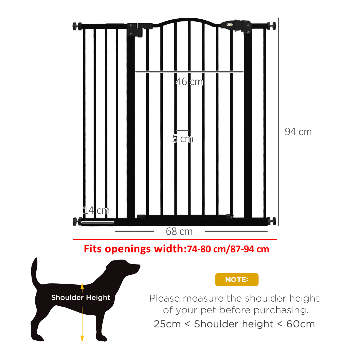 PawHut 74–94cm Adjustable Metal Pet Gate with Auto-Close Door & Double Locking – Stairs, White