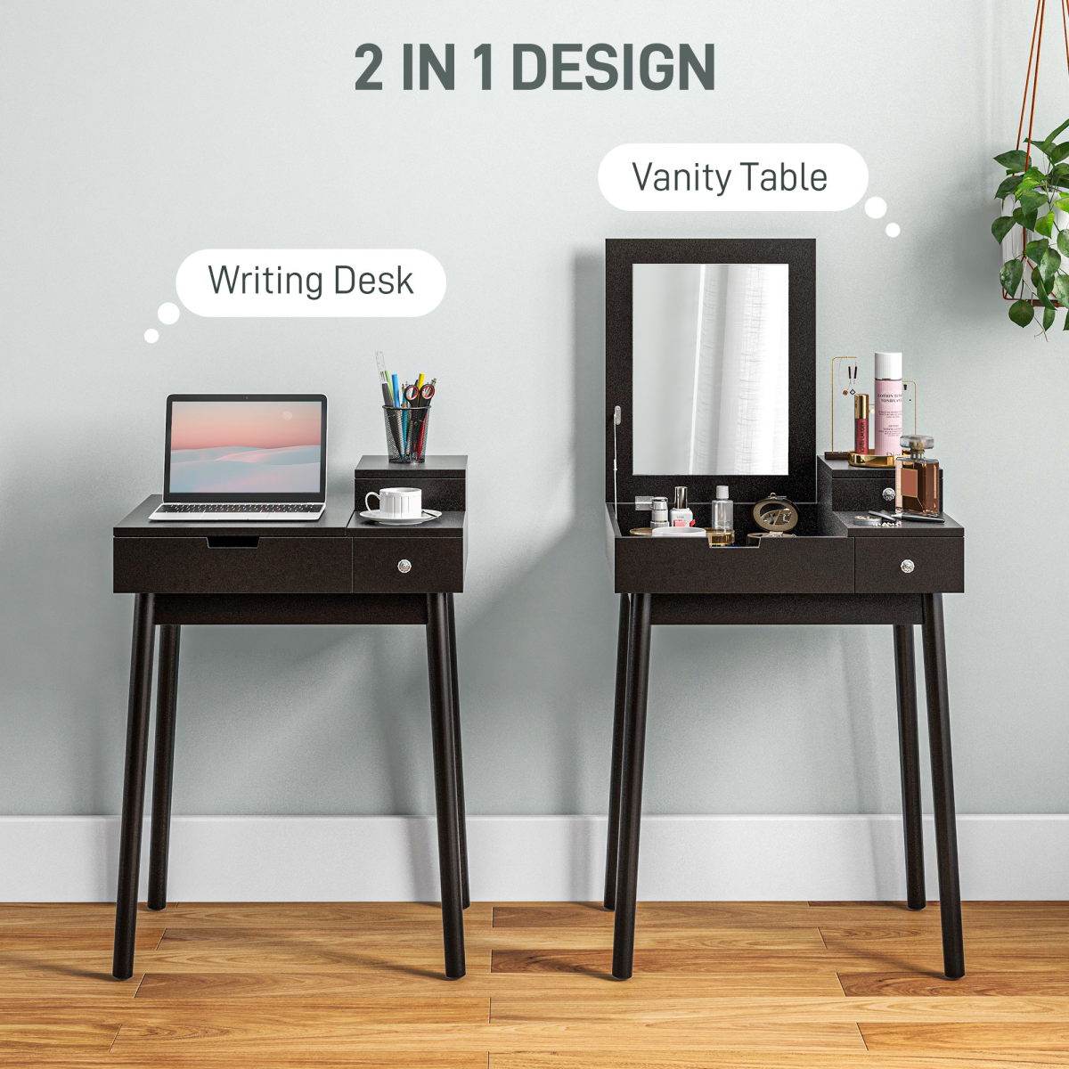 HOMCOM Dressing Table with Flip-Up Mirror and 2 Drawers – Vanity Makeup Desk and Writing Desk, Black