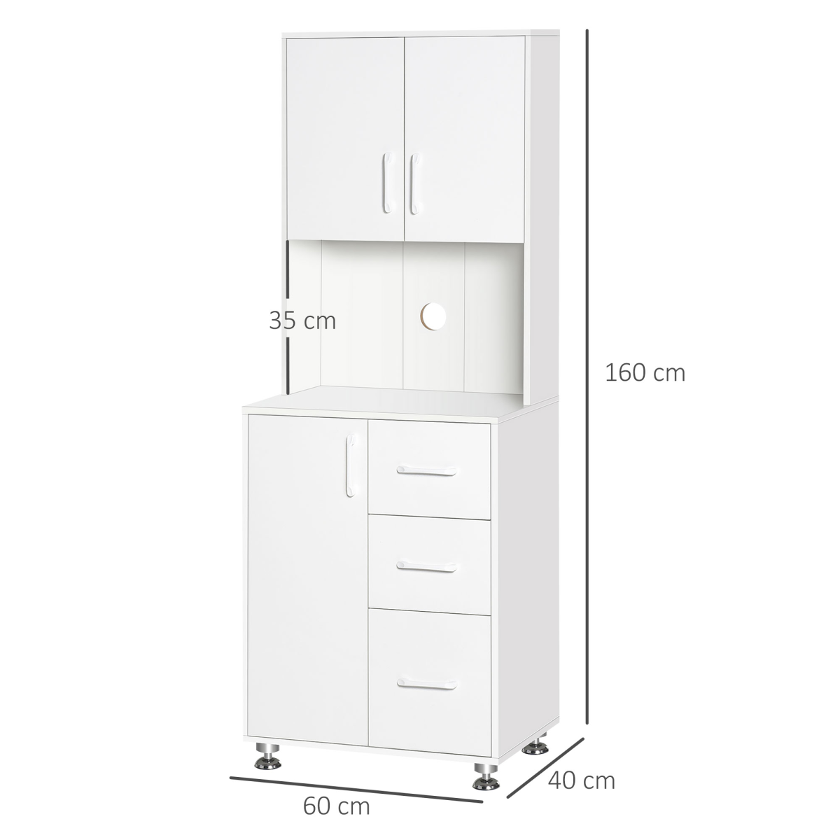 HOMCOM Kitchen Buffet with 2 Cabinets, 3 Drawers and Microwave Rack – 60x40x150cm Storage Cupboard, White