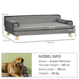 PawHut Pet Sofa Bed with Plush Cushion & Pine Legs – Water-Resistant Dog Couch for Medium & Large Dogs, Grey